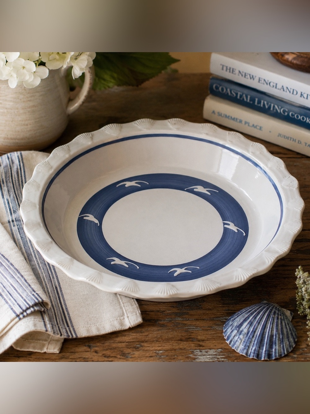 Vintage Coastal Earthenware Pie Dish Hand-Painted Blue & White Applied Seagulls
